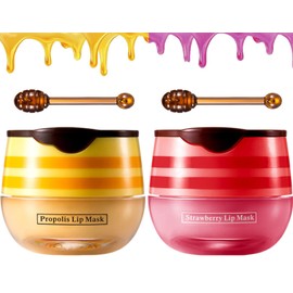 Honeybalm Lip Balm, Bee Balm Lip Balm Honey Pot, Propolis Lip Mask Moisture Lip Balm for Dry Cracked Lips, Bee Wax Lip Balm Lip Scrub Exfoliator with Lip Brush for Dark Lips (Propolis+Strawberry)