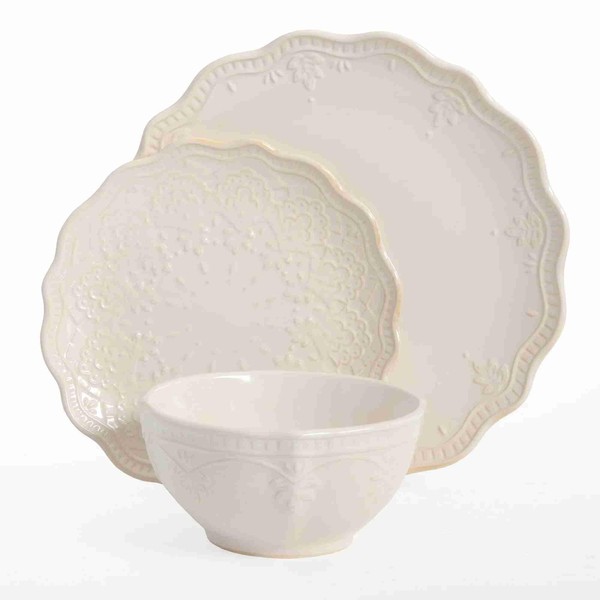 Pioneer Woman Farmhouse Lace 12-Piece Stoneware Dinnerware Set (Off-White)