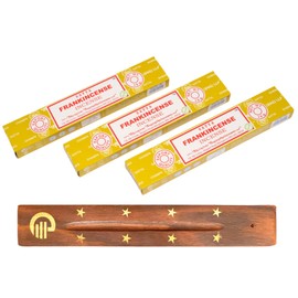 Original Satya Frankincense Incense Sticks Pack of 3X 15G with Greensense Holder for Aromatherapy, Spa, Yoga, Weddings, Meditation, Healing, Positivity and Relaxation