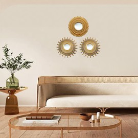 MCCXXII Gold Mirrors for Wall Pack of 3. Round Mirrors.Rays of Light and Annual Ring Shape. Decorative Mirrors.Wall Mirrors for Decor Home Decor.Plastic Frames.Glass Mirrors.Sun Gold Color.