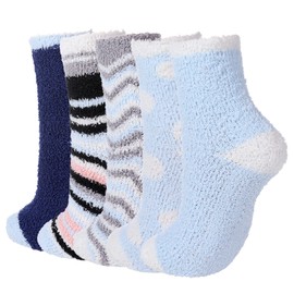 Durio Fuzzy Socks with Grips for Women Fuzzy Christmas Socks Cute Socks with Grippers Fluffy Socks Plush Athletic Socks, D Blue Stripes (No Grips), One Size