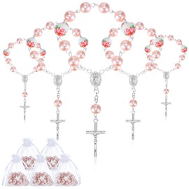 50 piezas de recuerdos de bautizo para niñas, incluye 25 rosarios rosados de bautizo rosa, mini rosario y 25 bolsas de organza, regalos bautismales, regalos de bautizo para fiestas de primera comunión