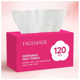 FACEMADE 120 Count Disposable Face Towels, 100% USDA Biobased Face Towelettes Disposable, Clean Facial Towels for Makeup and Clean Skin, Super Soft and Thick Dry Wipes Club