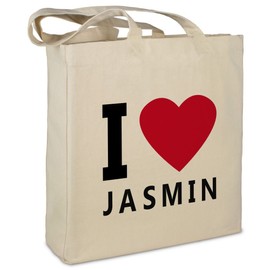 Stofftasche mit Namen Jasmin - Motiv I Love - Farbe beige - Stoffbeutel, Jutebeutel, Einkaufstasche, Beutel