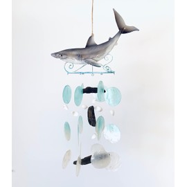 GUTZ Handcrafted Coastal Ocean Shark Nautical Beach Cottage Patio Garden of Upcycled Driftwood Ecofriendly Sea Clam Shell Sustainable Aqua Marine Blue Capiz Natural Filipino Jute 17 inch White, Grey