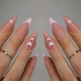 French Tip Press on Nails Pink Heart Fake Nails Medium Almond False Nails with Designs Gold Line Heart Glue on Nails Matte Acrylic Nails Full Cover Nude Nails Decoration for Women Girls
