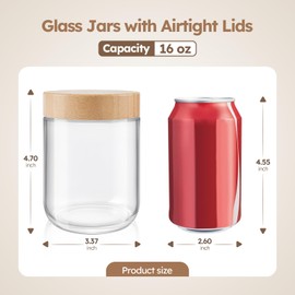 Tecohouse Overnight Oats containers with Bamboo Lids, 2 Pack Chia Pudding Jars with lids, Mason Glass Jars with Airtight Lids For Salad, Meal Prep Food Storage, Snacks, Spice, Suger, Yogurt (2P 16OZ)