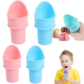 Ice cream cone holder,ice cream cones,reusable ice cream cones,plastic ice cream cone kiddie cones Ice cream scoops Ice Cream Plastic Cup Spoon For Birthday Party, Gifts For Kids 4Pcs (pink+blue)