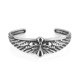 HZMAN Men’s Stainless Steel Open Cuff Bracelet - 17mm Non-Adjustable Angel Wing Cross Bangle for Everyday Wear, Gifts