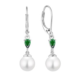 CARICY Pearl Drop Earring 925 Sterling Silver Earring Teardrop May Emerald Birthstone Earring for Women Dangle Leverback Earrings with 8mm Simulated Pearls Anniversary Christmas Day