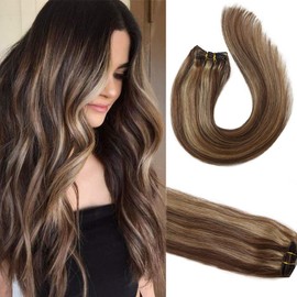 Clip in Hair Extensions Real Human Hair Extensions 22 inches 70g Brown with Blonde highlights Clip on for Fine Hair Full Head 7 pieces Silky Straight Weft Remy Hair (22 inches, 4-27)