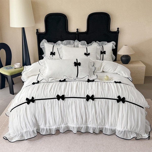 Ruffle Beddding Set with Bowtie,Chic Lace Bedding,Girls Twin Aesthetic Comforter