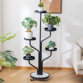 CHPHI Plant Stand Indoor 5-Tier Wrought Iron Plant Stand, Metal Plant Stand with Wheels, Metal Rolling Plant Stand with 5 Trays, Multi-tier Rolling Display Stand for Home and Office(Black)