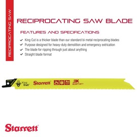 Starrett Bi-Metal King Cut Fire Rescue and Demolition Reciprocating Saw Blade - 9" Length x 3/4" Width x 0.50" Thickness, Straight Shape, 10-14 TPI, 2-Pack - BR91014-2