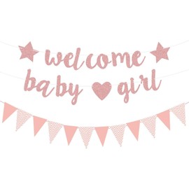 Welcome Baby Girl Banner,Pink Glitter Baby Shower Decorations,Triangle Flagsfor Gender Reveal Welcome Baby Party Supplies