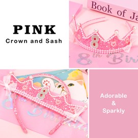 Chanaco 8th Birthday decorations Pearl Birthday Crown for 8 Year Old Girls 8th Birthday Sash and Tiara Outfit Pink Glitter Heart Headband Hair Accessories Cute Bow Headpieces for Party