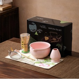 Matcha Whisk Set, Matcha Set Includes Matcha Bowl, Matcha Whisk and Holder, Bamboo Scoop, Scoop Rest, Sifter, Tea Towel- 7 Pcs Matcha Kit for Women Men Girl Friend Home Kitchen Decor Gifts (Pink)