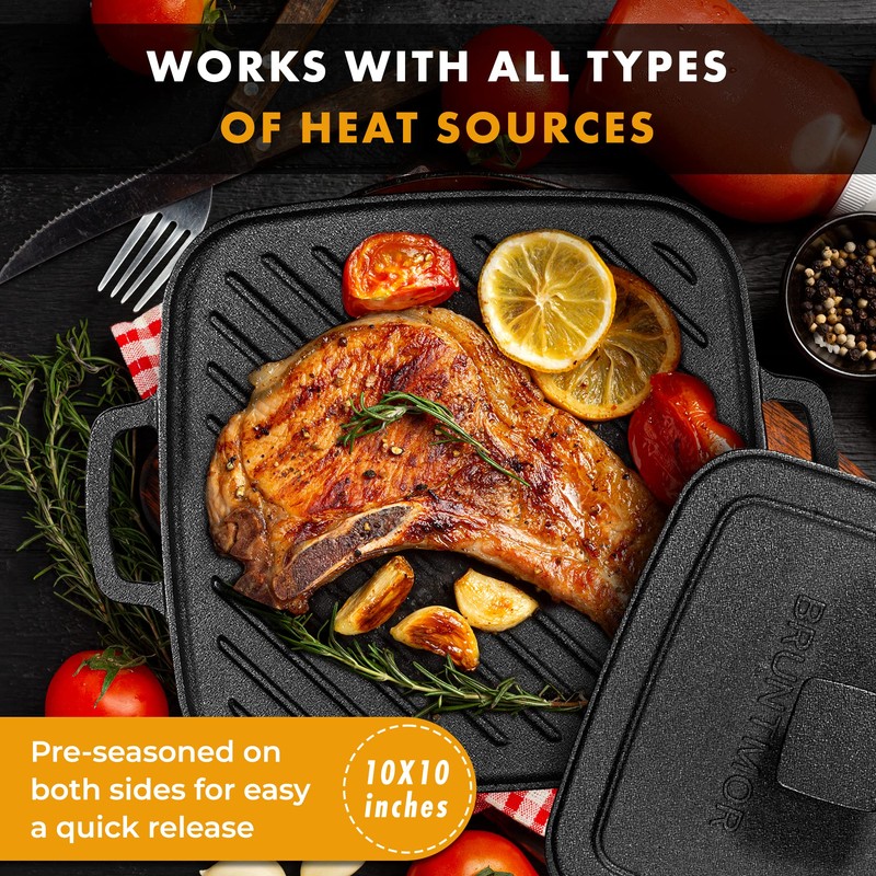 Bruntmor 2-in-1 Pre-Seasoned Cast Iron Reversible Griddle Grill Pan with