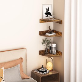Fun Memories Corner Shelf Wall Mount, Wood Floating Corner Shelves, Corner Wall Shelf for Bedroom, Bathroom, Kitchen, Living Room (Brown, 3 Pack)