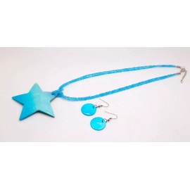 Unbranded star shape blue color shell Pendant blue seed beaded necklace earring set