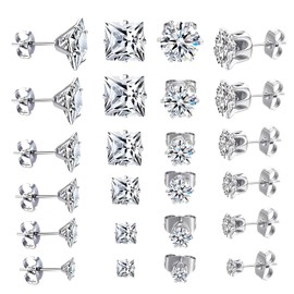Thoquene Men's Silver Medical Stud Earrings, 12 Pairs, Stainless Steel, Titanium