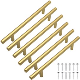 lyualma Hysstore Pack of 6 Furniture Handles, 128 mm, T Cabinet Handle, Drawer Handles, Aluminium Alloy for Kitchen, Drawer, Cabinets, Home, Office Decoration - Gold