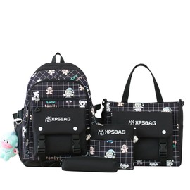 YGYCF Cute Backpack 4Pcs Set for Student with Kawaii Accessories - School Bags for Teen Girls Bookbag Back to School Supplies, E Black