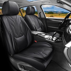 DOMAL Front Car Seat Covers, Universal Fit Faux Leather Cushion Protector, Waterproof Non-Slip Automotive Interior Accessories for Cars, SUVs, Trucks(Black, Front)