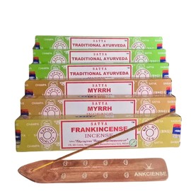 Satya Traditional Aurveda, Myrhh & Frankincense with ANKCIENSE Incense Holder Pack of 3 fragrances Variety Pack of 90 Sticks