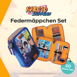 Naruto Pencil Case, Anime Fan Pencil Case with Complete School Items, Lightweight Double Compartment School Pencil Case, Unique Pencil Case, Gift for Boys, blue, Naruto Stationery Set Filled