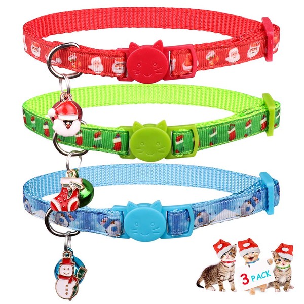 3PCS Christmas Breakaway Cat Collars with Bell Safe and Adjustable Soft Nylon for Kitten