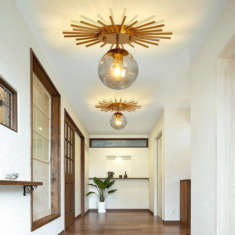 UOFUS Gold Sunburst Semi Flush Mount Ceiling Light Fixture with