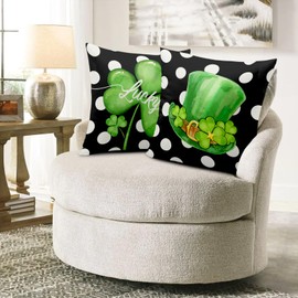 St Patricks Day Outdoor Pillow Covers 18x18 Set of 2 Green Shamrock Throw Pillow Cover Polka Dots Lucky Clover Hat Pillow Case St. Patrick's Day Farmhouse Pillowcases for Home Sofa Couch Decoration