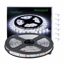 GUOTONG White LED Strip Lights, Waterproof cuttable 300 SMD 2835 LED Tape, 6000K 12V 16.4ft/5m Flexible Ribbon, Kitchen Cabinet Lighting, Outdoor/Indoor (No Power Supply)