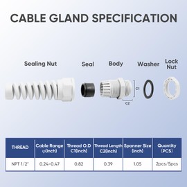 Strain Relief Cord Connector,LISTENJIALE 2Pcs NPT 1/2" Waterproof Cable Gland Flex Spiral Strain Relief Adjustable 6-12mm Cable Connector Nylon Joint with Gaskets(Grey)