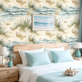 LaCheery Peel and Stick Wallpaper Coastal Beach Wallpaper for Bedroom 17.5"x276" Seashell Conch Grass Mural Wall Paper Nature Ocean Wave Contact Paper for Bathroom Walls Nursery Laundry Removable Roll