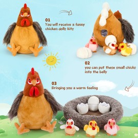 MorisMos Chicken Teddy Soft Toy with Baby Chicks inside, Egg Laying Hen Stuffed Animal Plush Toys Cuddly, Kawaii Presents for Kids Girls Christmas Birthday Easter Party Supplies