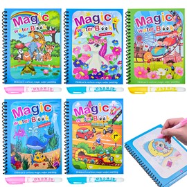 Lanvixo Water Colouring Book Pack of 5 Reusable Magic Water Colouring Book with Water Pen Water Magic Colouring Book for Children 3 4 5 6 Years Old Boys Girls A