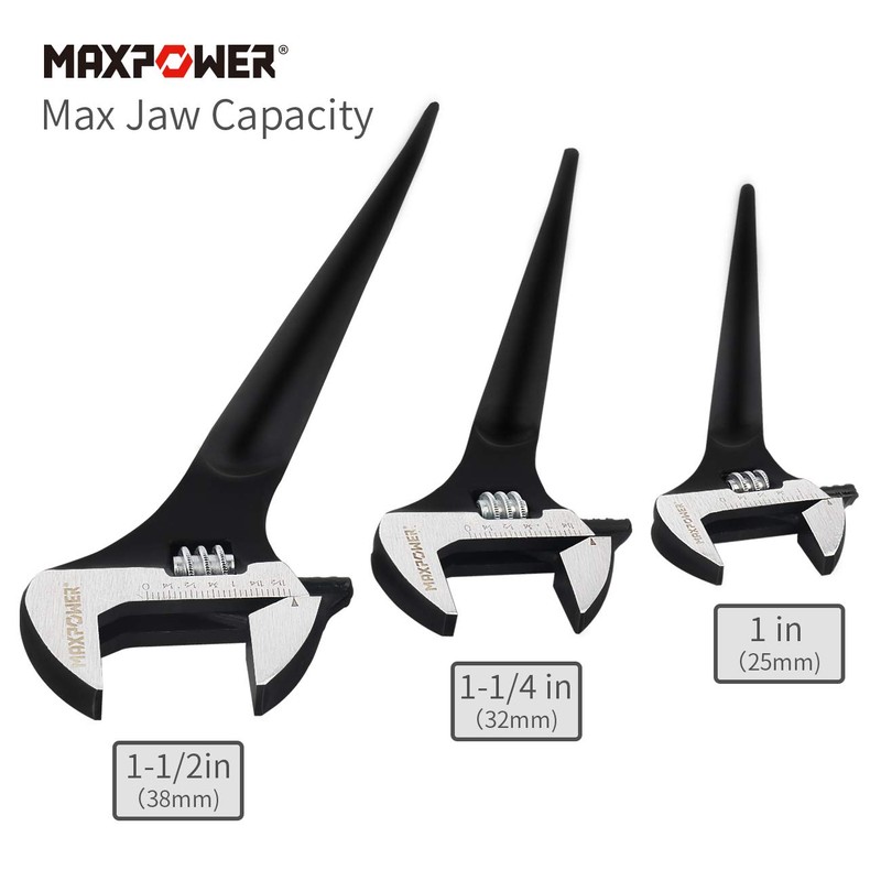 MAXPOWER 3-pieces Spud Wrench, 10-inch 12-inch 16-inch Adjustable Wrench Set