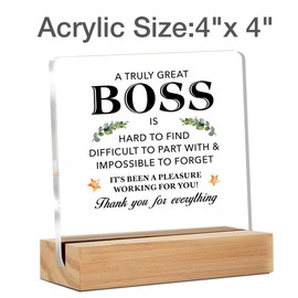 Boss Gifts for Women Men, Thank You Gifts for Boss Retirement Leaving, Boss Appreciation Gift Clear Acrylic Desk Sign for Home Office Decor, 4 x 4 Inches