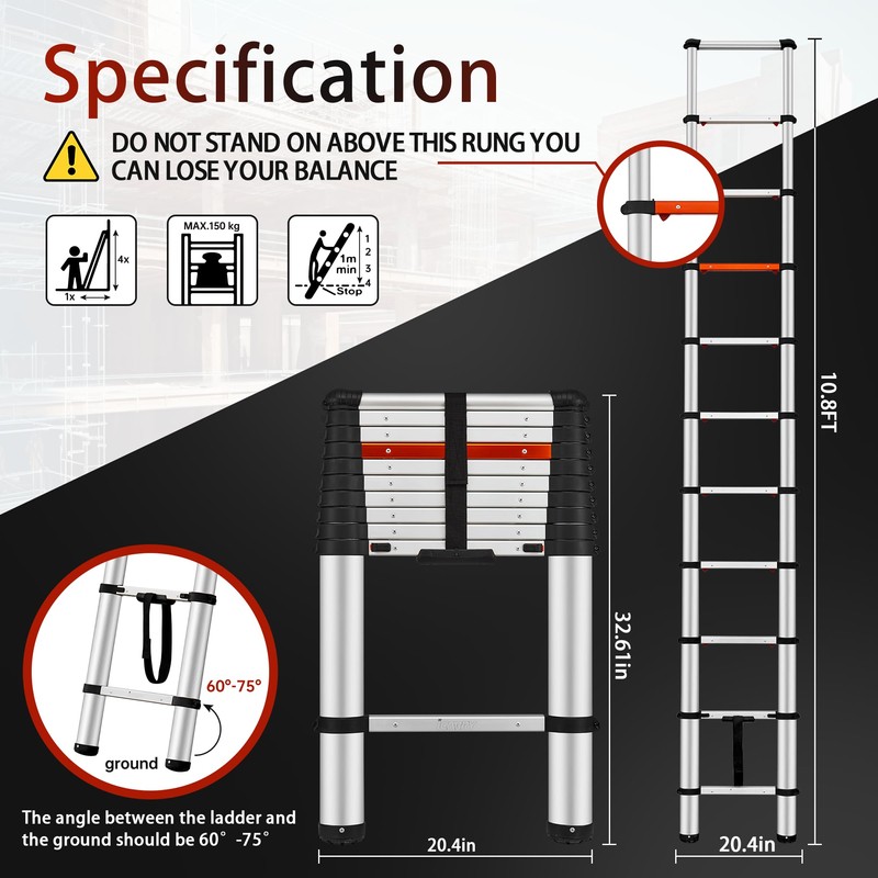 ICARRY Telescoping Ladder 10.8 FT Aluminum One-Button Retraction Collapsible Ladder,