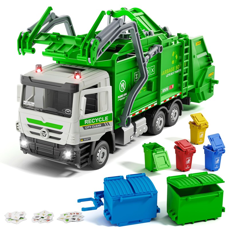 Yewkou Garbage Truck Toy, Friction Powered Recycling Vehicles with Lights