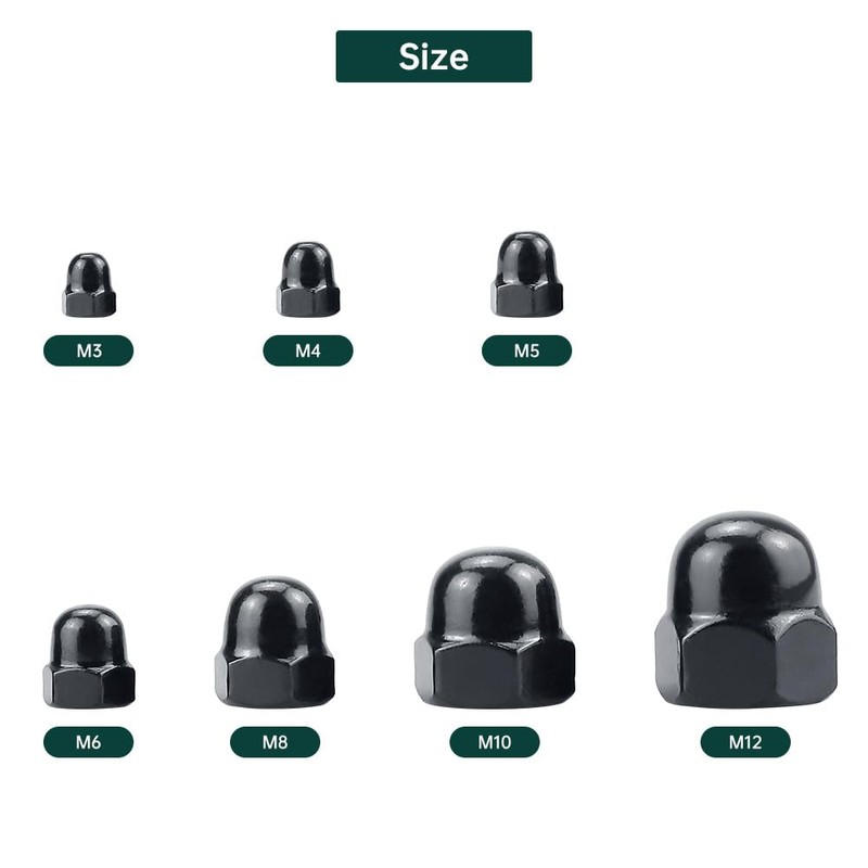 M12-1.75 Black Acorn Hex Cap Nuts (10 pcs), 304 Stainless