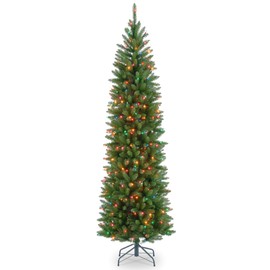 National Tree 7 Foot Kingswood Fir Pencil Tree with 300 Multicolored Lights, Hinged (KW7-313-70), 7 ft