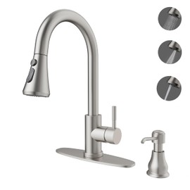 VXV Kitchen Faucet with Soap Dispenser, 3 Modes Kitchen Faucet with Pull Down Sprayer, Stainless Steel Sink Faucet for Farmhouse, Bar, and RV, with Deck Plate and 1/2'' Adapters