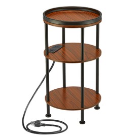 Small Round Side Table with Charging Station for Small Spaces, 3-Tier Round Accent Table with 2 USB Ports & Power Outlets, Round Corner Table Small Sofa Side Table for Living Room Bedroom(USB, Cherry)