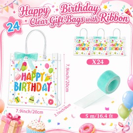 24 Pcs Birthday Clear Gift Bags PVC Happy Birthday Bags with Handles Ribbon Reusable Candy Goodie Treat Party Favor Totes for Gift Wrap Party Supplies, 7.9 x 7.9 x 3.1 Inches