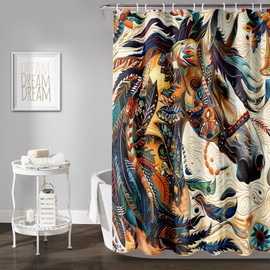 AILONEN Dreamcatcher Horse Shower Curtain,Exotic Feather Boho Horse Native Ethnic Waterproof Bath Curtain, 72" W x 72" H