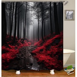 KEYAO DECOR Shower Curtains Set, Red Forest Mystic Foggy Fall Nature and Enchanted Woods Wild Trees, Designer Print Polyester Decorative Cloth, Bathroom Curtains with 12 Hooks(72x72 Inch)