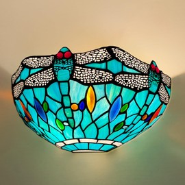 Capulina Tiffany Wall Sconces 12 Inches Wide 2-Light Vintage Sea Grass Dragonfly Style Stained Glass Wall Lights for Hallway Stairway Bedroom Home Office